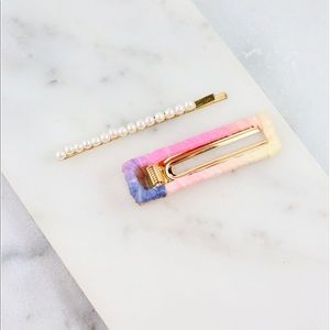 Raffia wrapped and pearl hair pin set Core NY